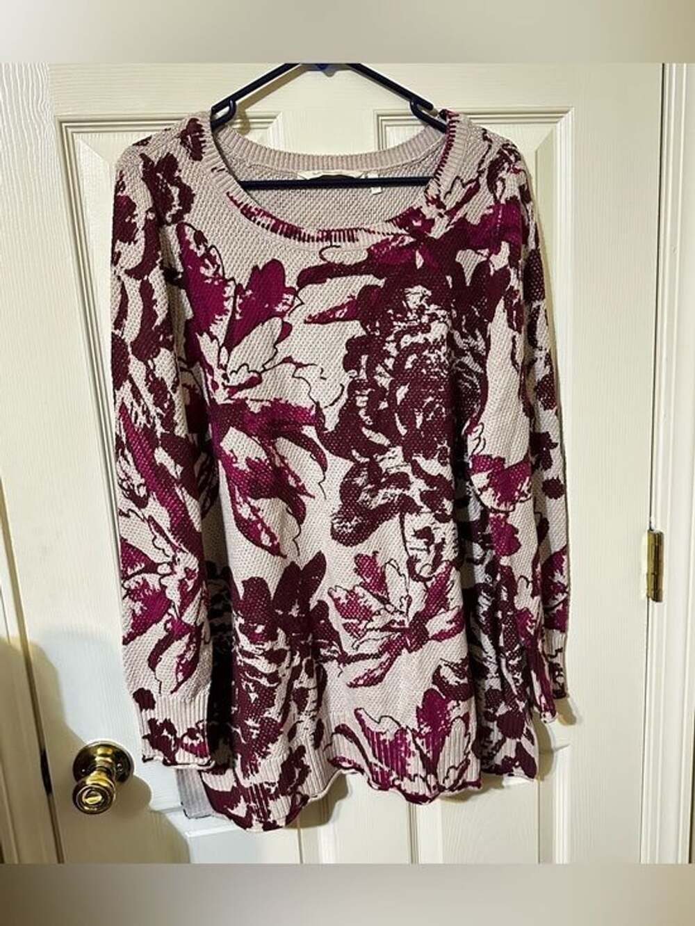 Soft Surroundings Beige and Burgundy Floral Knit Sweater